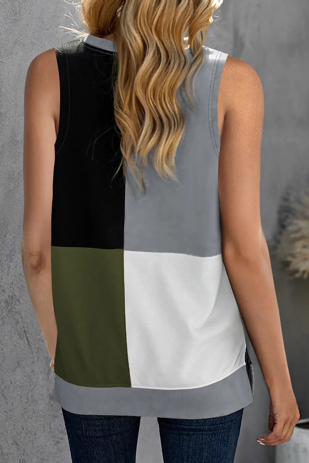 Wine Red Crew Neck Color Block Tank