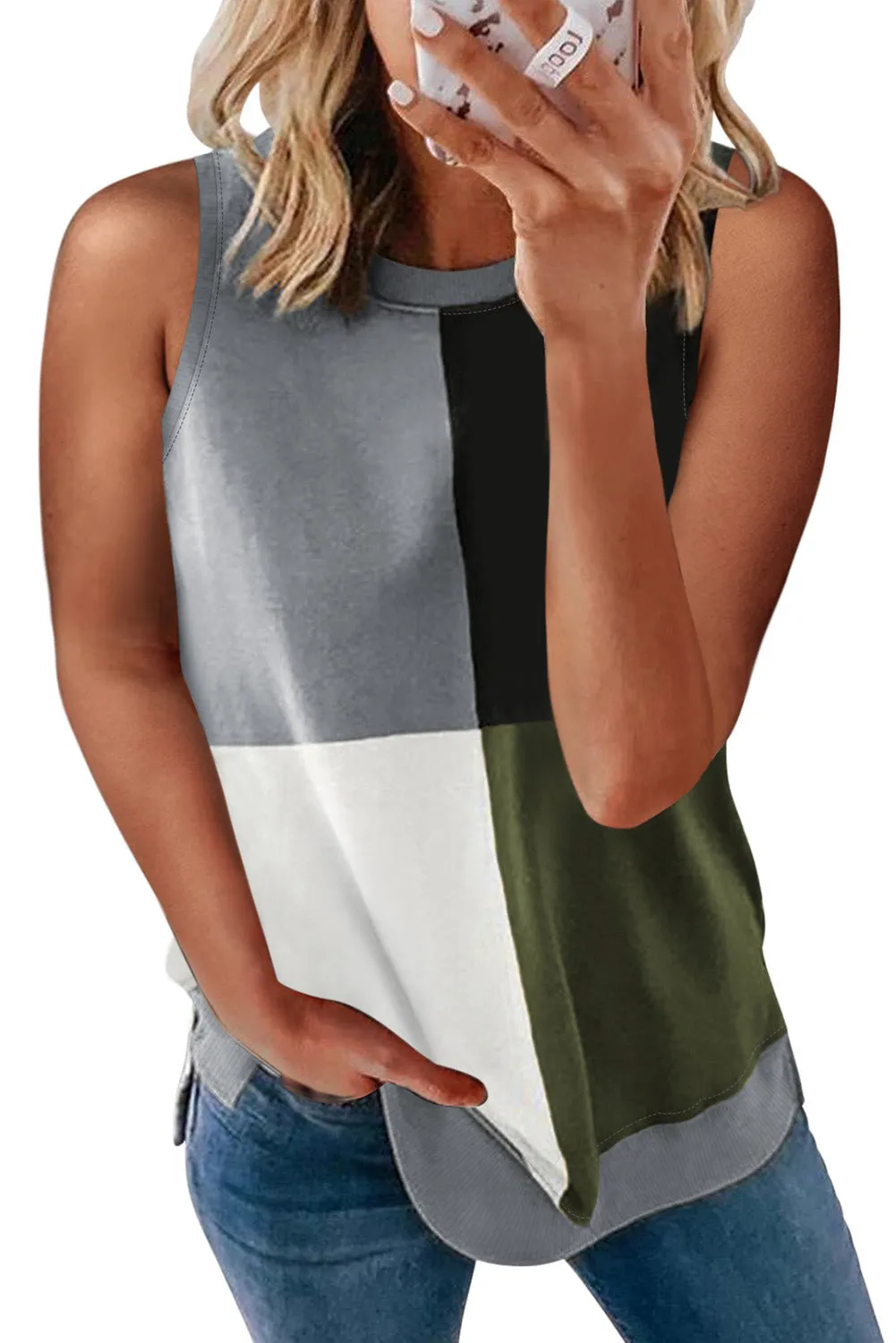 Wine Red Crew Neck Color Block Tank