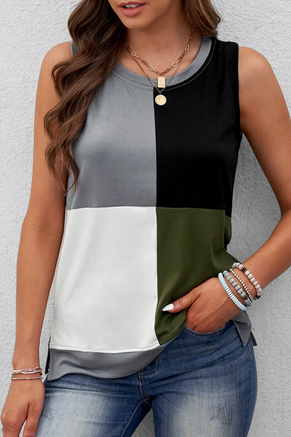 Wine Red Crew Neck Color Block Tank
