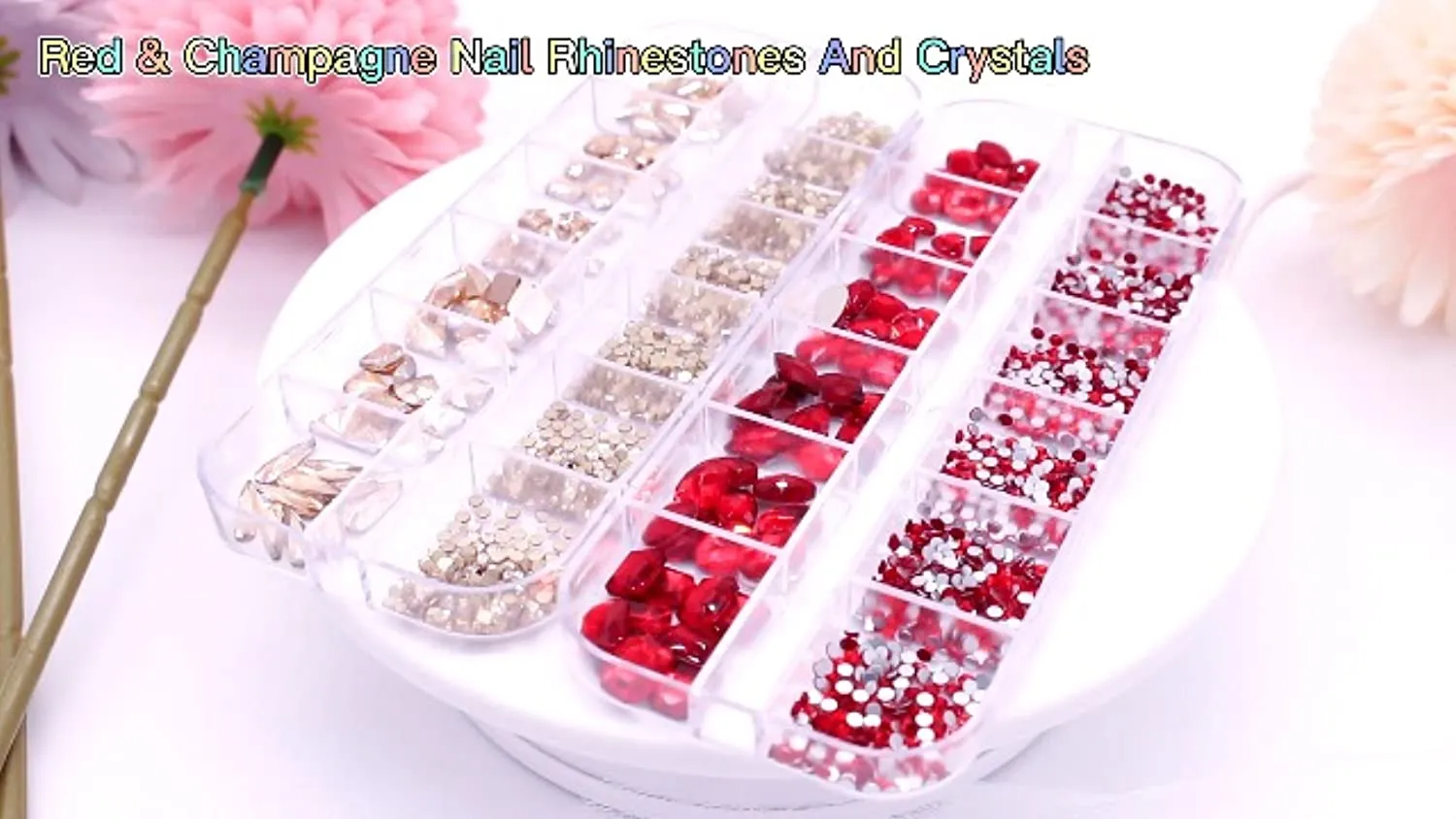 WOKOTO 2 Box Flat Back Champagne And Red Nail Rhinestones And Crystal Set For Acrylic Nails Fake Diamonds Rhinestones Set With Nail Tweezers And Pencils Kit For Girls Women