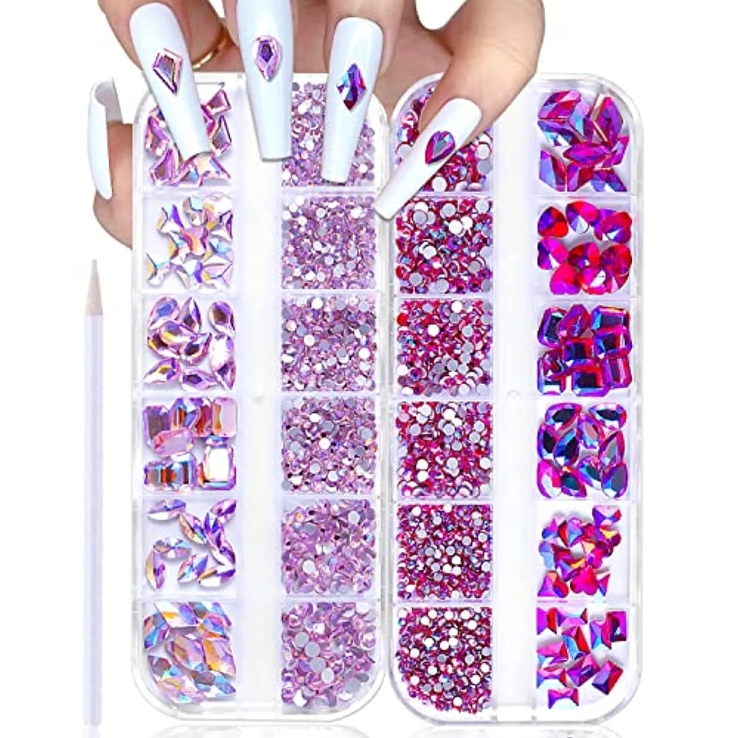WOKOTO 2 Box Flat Back Pink And Rose AB Nail Rhinestones For Nails Face Rhinestones For Crafts Big Nail Crystal Rhinestones For Acrylic Nails Nail Diamonds For Nails Stones Crystals For Nails