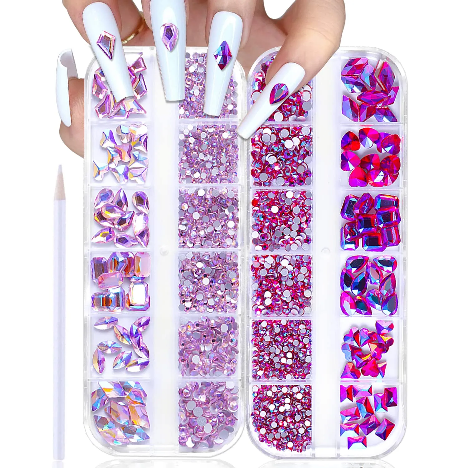 WOKOTO 2 Box Flat Back Pink And Rose AB Nail Rhinestones For Nails Face Rhinestones For Crafts Big Nail Crystal Rhinestones For Acrylic Nails Nail Diamonds For Nails Stones Crystals For Nails