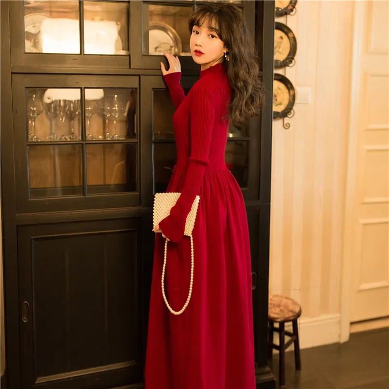 Women Stand-neck Elasticity Sweater Dress