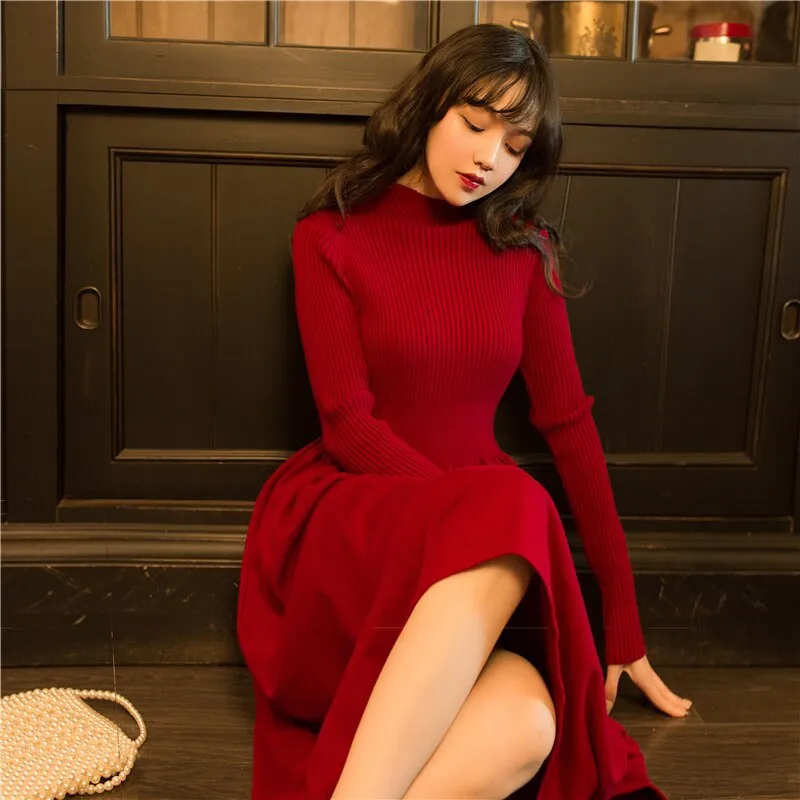 Women Stand-neck Elasticity Sweater Dress