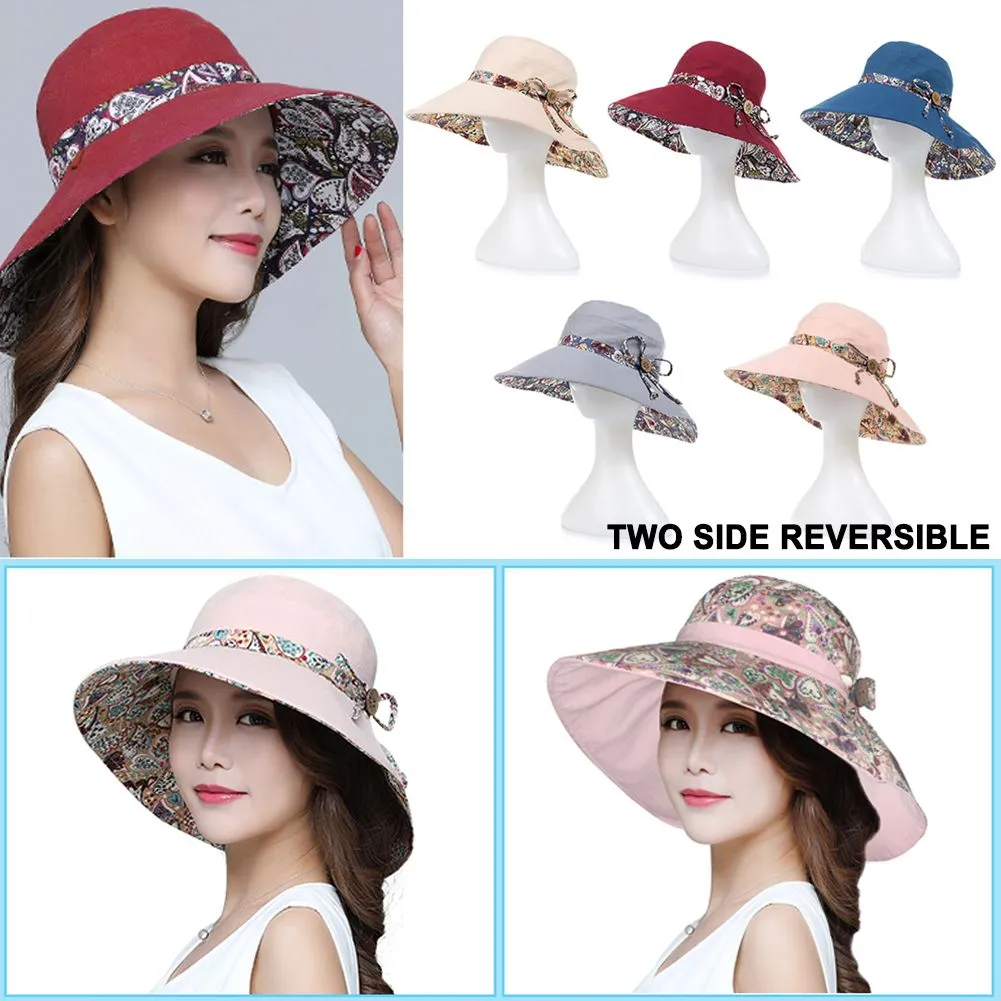 Women Summer Big Wide Brim Cotton Hat Floppy Derby Beach Sun Foldable Cap