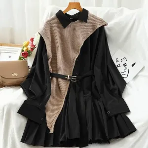 Women Turn-Down Collar Pleated Dress