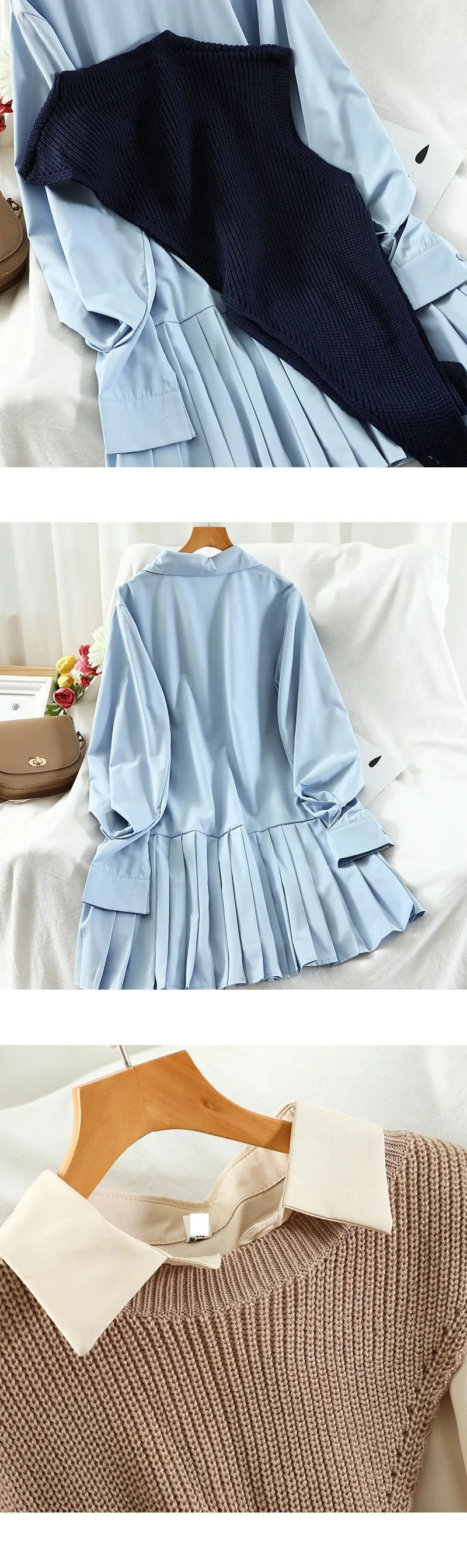 Women Turn-Down Collar Pleated Dress