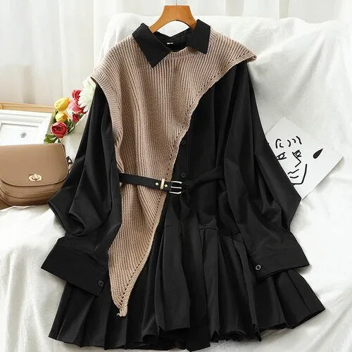 Women Turn-Down Collar Pleated Dress