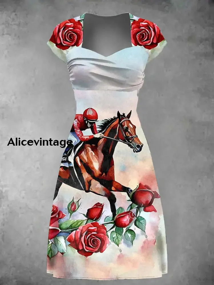 Women's Derby Horse Art Print Vintage Midi Dress Derby Dress