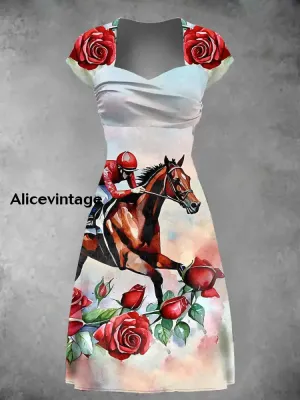 Women's Derby Horse Art Print Vintage Midi Dress Derby Dress