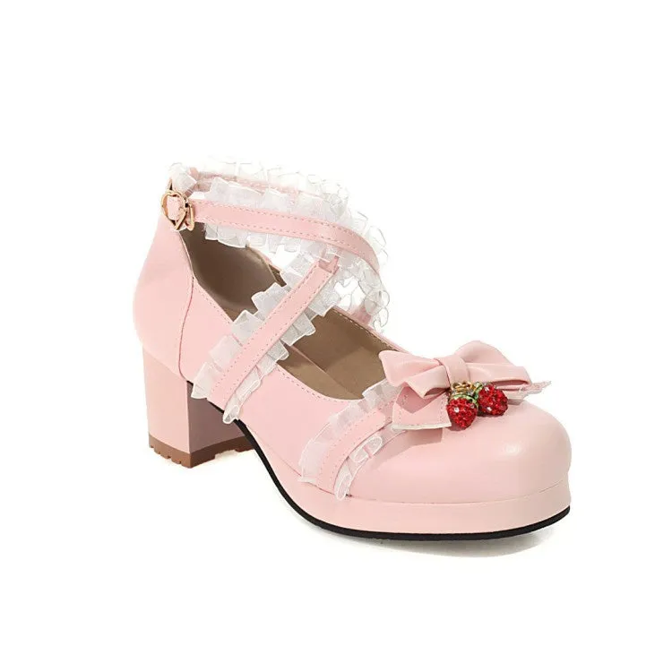 Women's Lace Bowtie Chunky Heel Platform Pumps