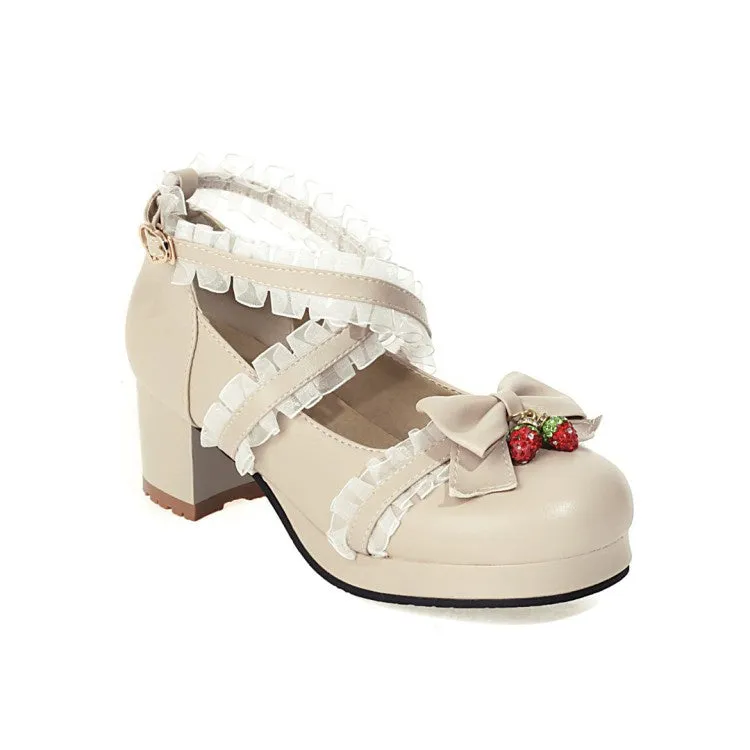 Women's Lace Bowtie Chunky Heel Platform Pumps