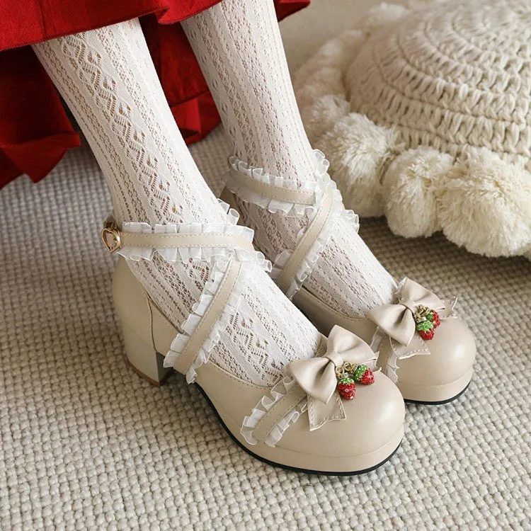 Women's Lace Bowtie Chunky Heel Platform Pumps
