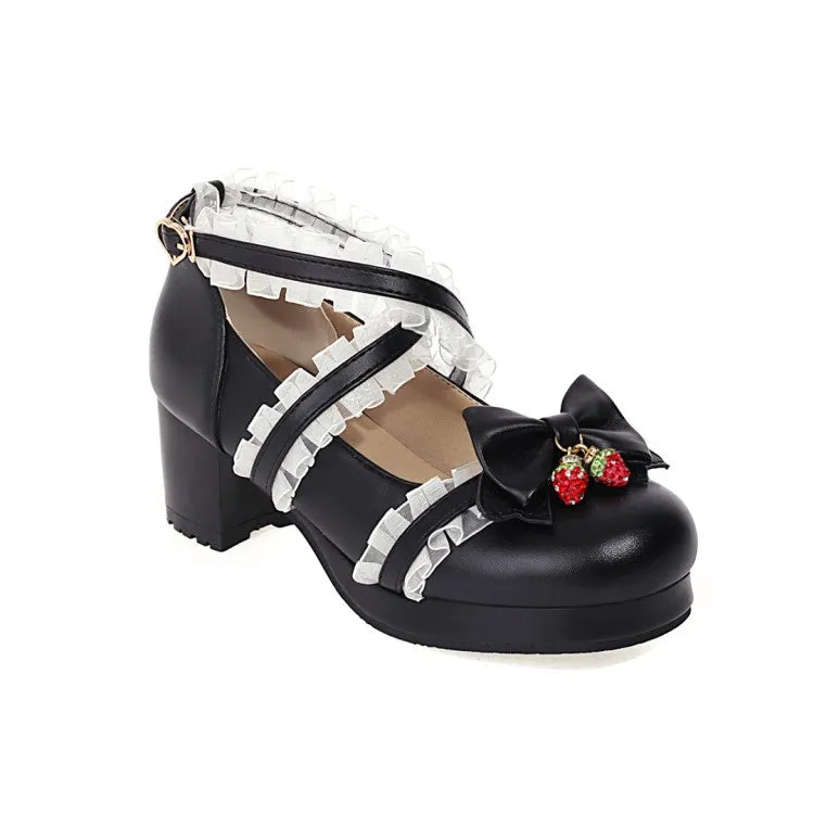 Women's Lace Bowtie Chunky Heel Platform Pumps