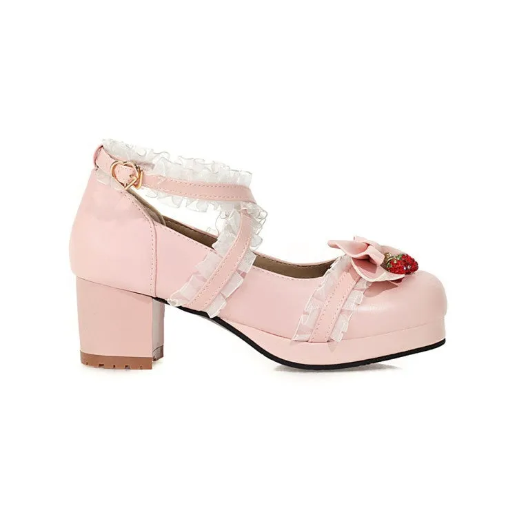Women's Lace Bowtie Chunky Heel Platform Pumps