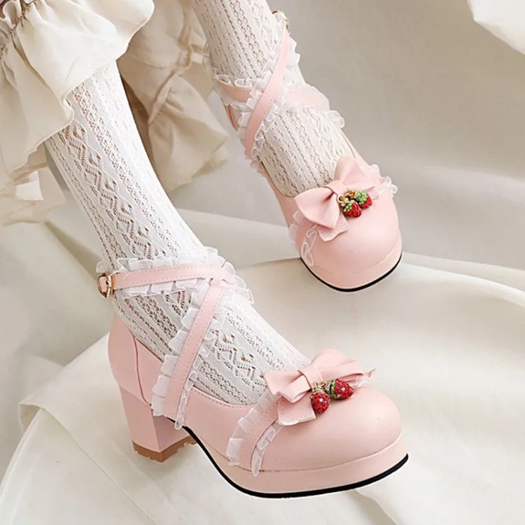 Women's Lace Bowtie Chunky Heel Platform Pumps