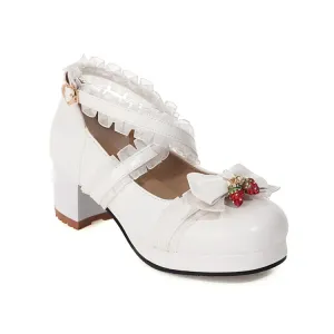 Women's Lace Bowtie Chunky Heel Platform Pumps