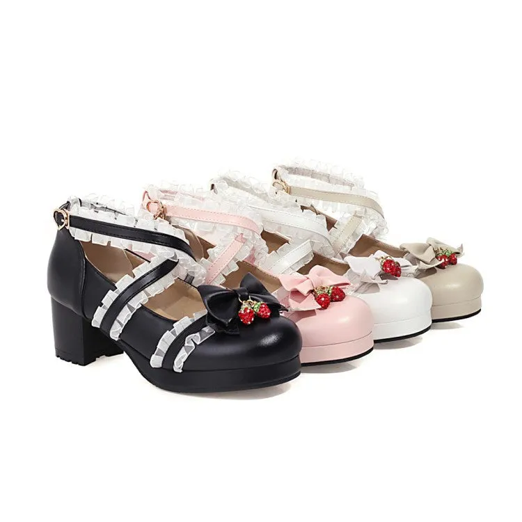 Women's Lace Bowtie Chunky Heel Platform Pumps