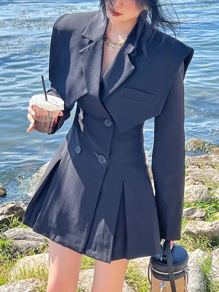 Women's Long Blazer Dress Office Clothing New Boutique Trend Pleated A-Line Suit Coat Mini Dress