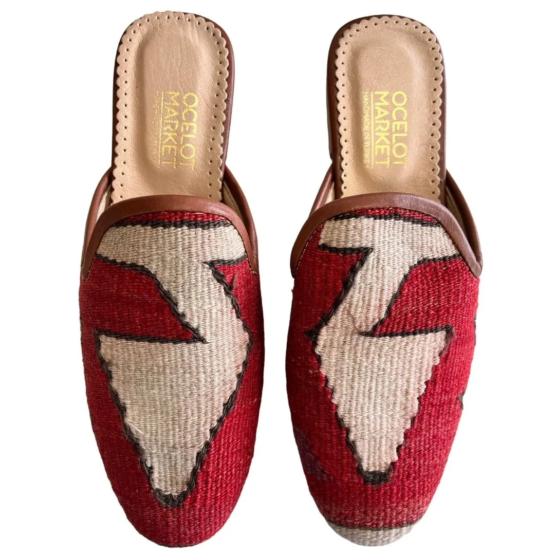 Women's Turkish Kilim Mules | Red & Cream