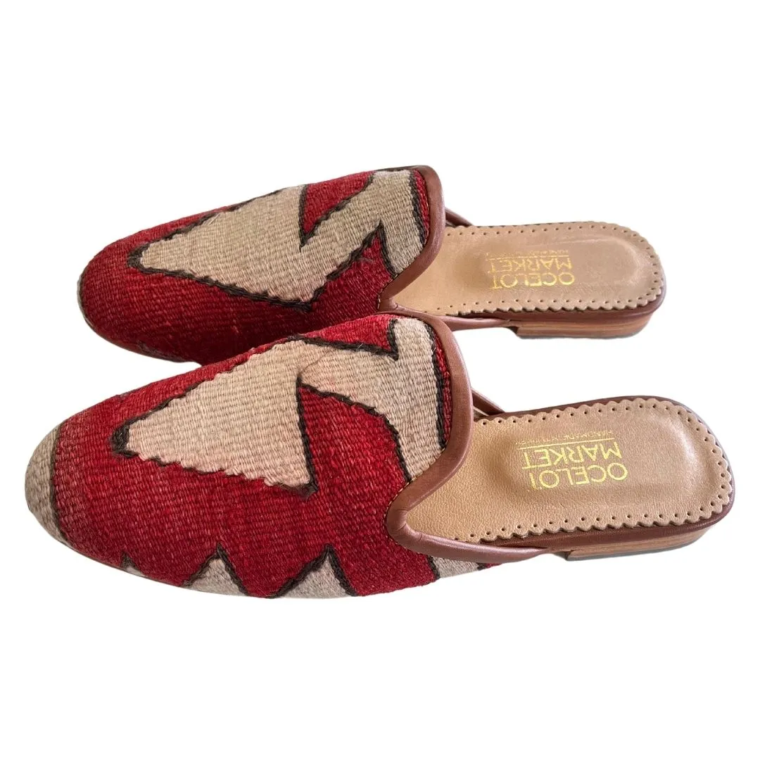 Women's Turkish Kilim Mules | Red & Cream
