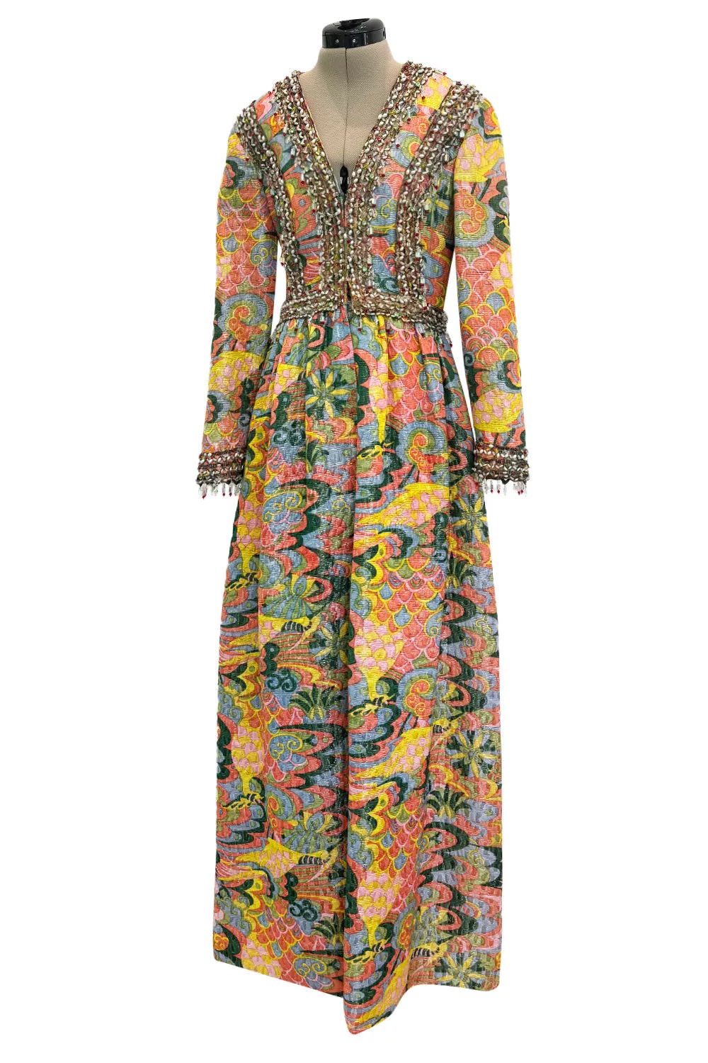 Wonderful 1968 Oscar de la Renta Gold Metallic Thread Silk Brocade Dress w Extensive Beadwork