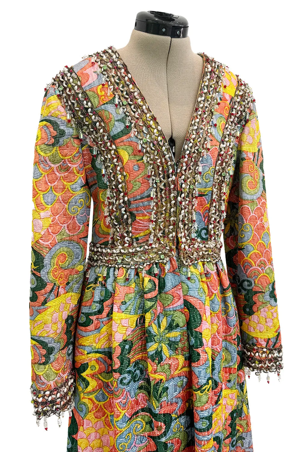 Wonderful 1968 Oscar de la Renta Gold Metallic Thread Silk Brocade Dress w Extensive Beadwork