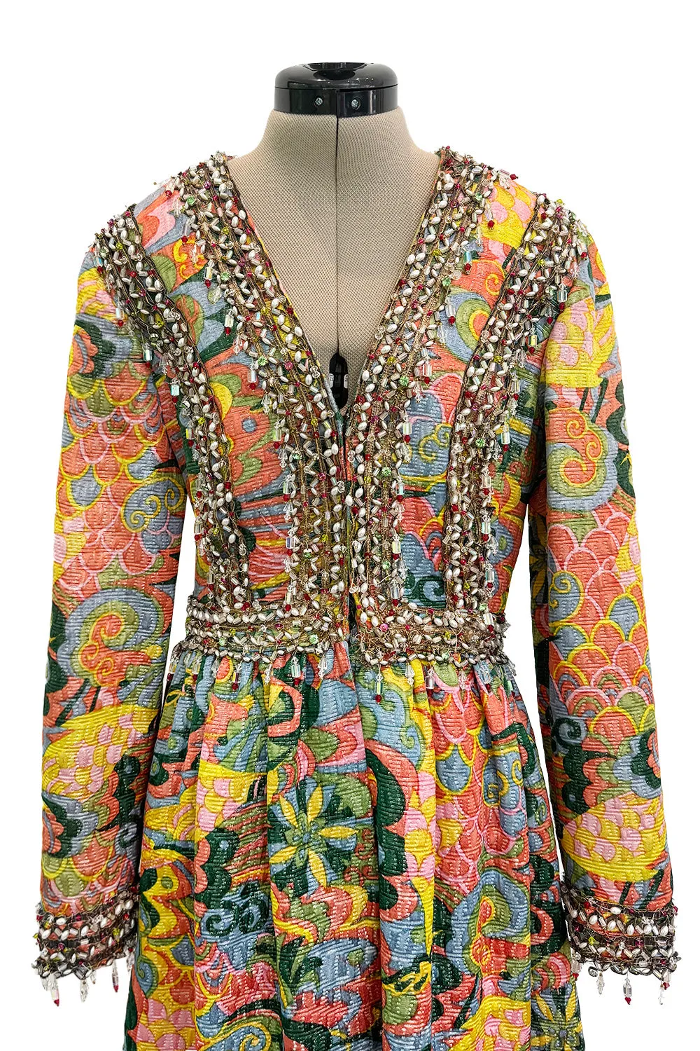 Wonderful 1968 Oscar de la Renta Gold Metallic Thread Silk Brocade Dress w Extensive Beadwork