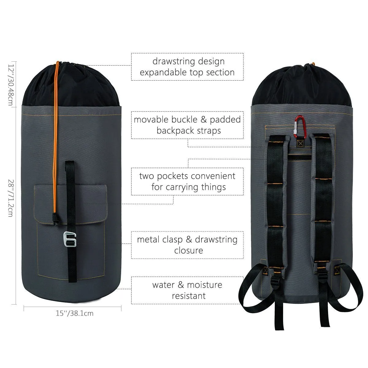 WOWLIVE Extra Large Laundry Bag Laundry Backpack Hanging Laundry Hamper Adjustable Shoulder Straps Camping Bag Waterproof Durable Travel Collage Apartment Dorm Sports (Dark Grey)