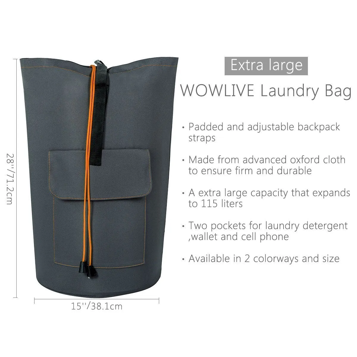 WOWLIVE Extra Large Laundry Bag Laundry Backpack Hanging Laundry Hamper Adjustable Shoulder Straps Camping Bag Waterproof Durable Travel Collage Apartment Dorm Sports (Dark Grey)
