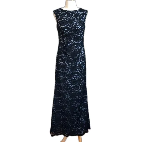 XSCAPE Women's Black Lace Floor Length Sleeveless Formal Evening Dress