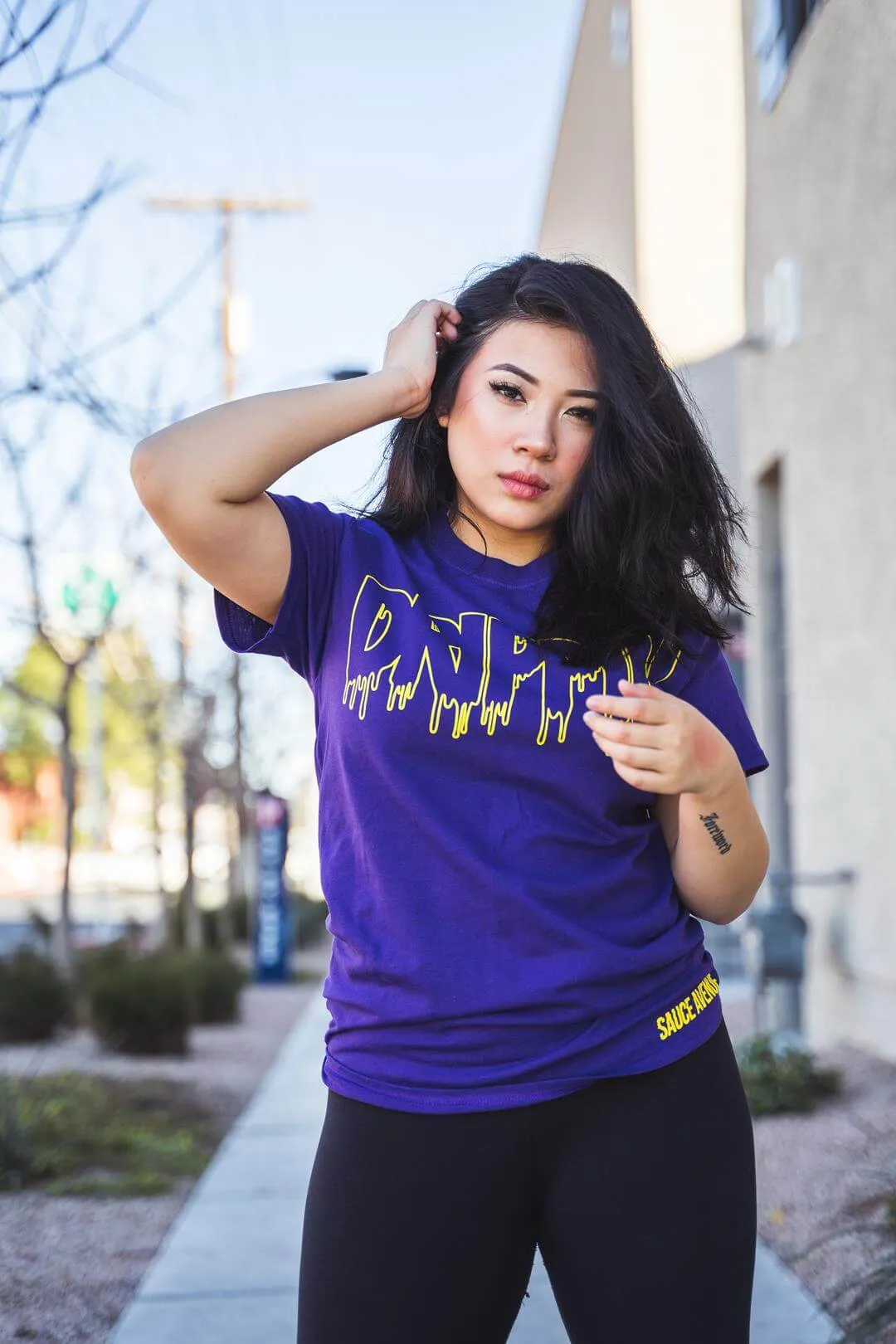 Yellow Drippin Outline | Purple Tee