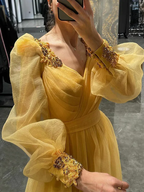 Yellow Long Sleeves Luxury Appliques A-line Side-slit Organza Long Prom Dress, PD3496